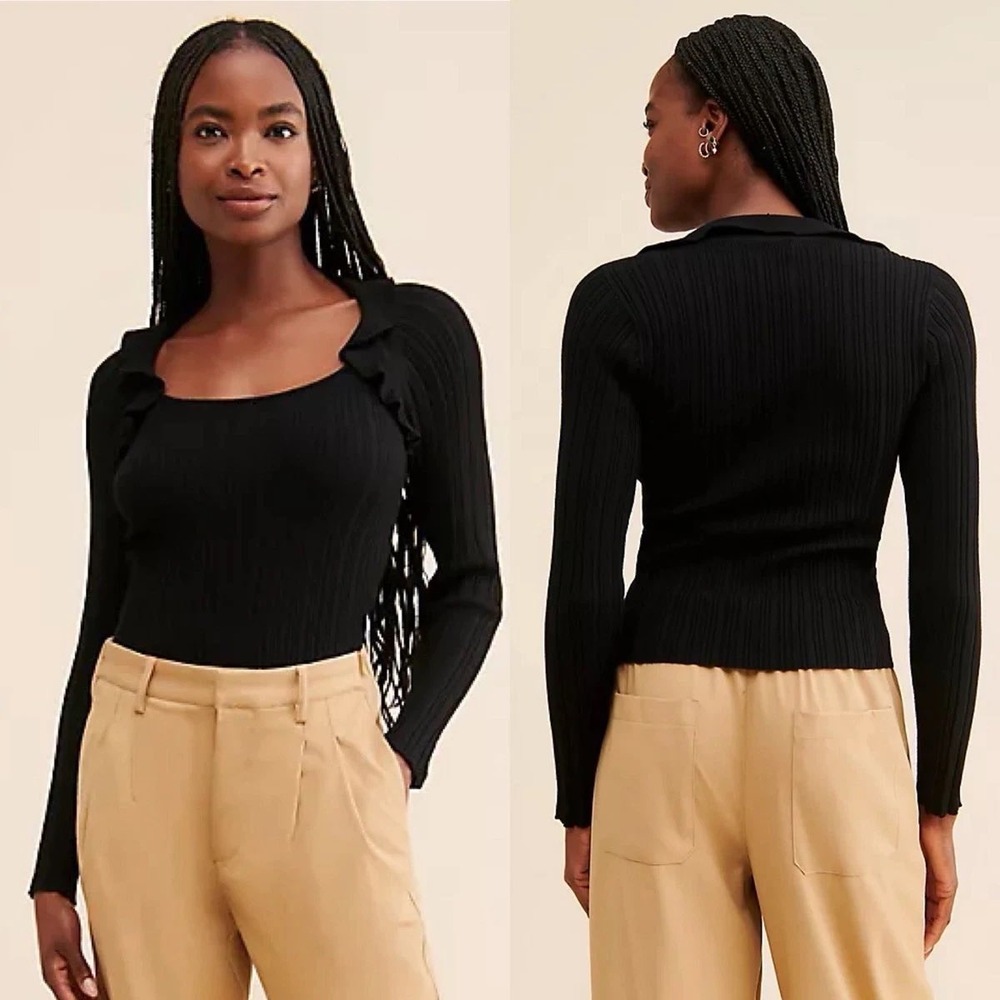 Anthropologie Maeve Millie Ruffled Sweater In Black Size Medium Feminine Classic